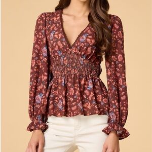 Floral V-Neck Smocked Blouse - Brown and Blue